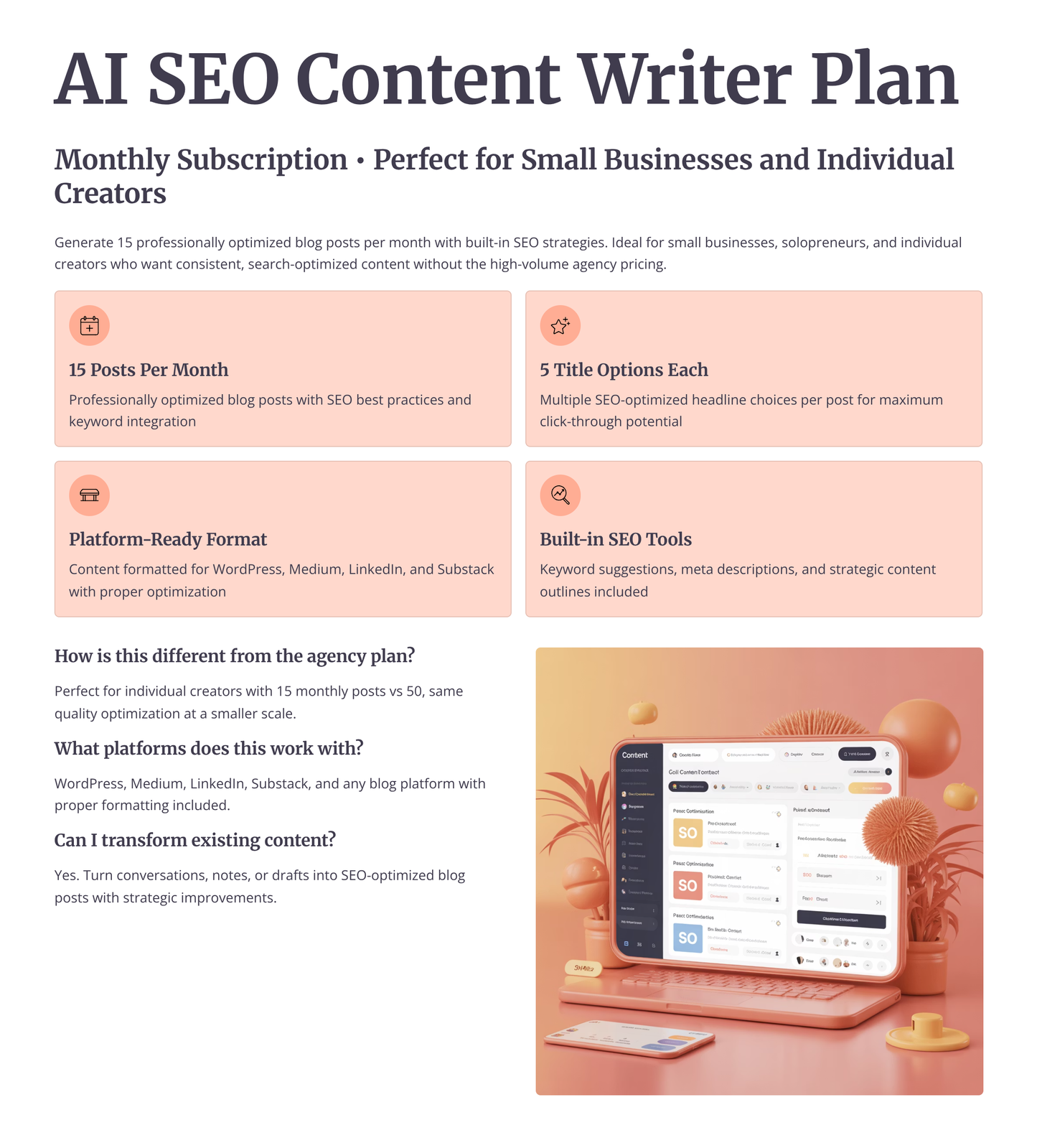 AI SEO content writer plan featuring 15 monthly blog posts and built-in SEO tools for creators