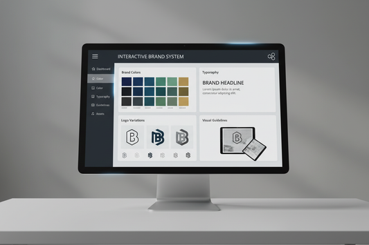 Interactive brand system template featuring logo variations, brand colors, and typography guidelines