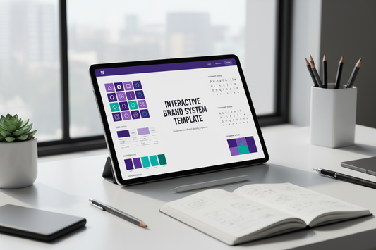 Interactive brand system template displayed on a tablet on a modern office desk with stationery and plants