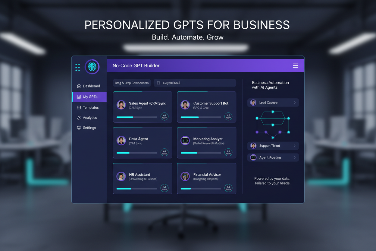 Dashboard of personalized GPTs for business showcasing no-code GPT builder and automation tools