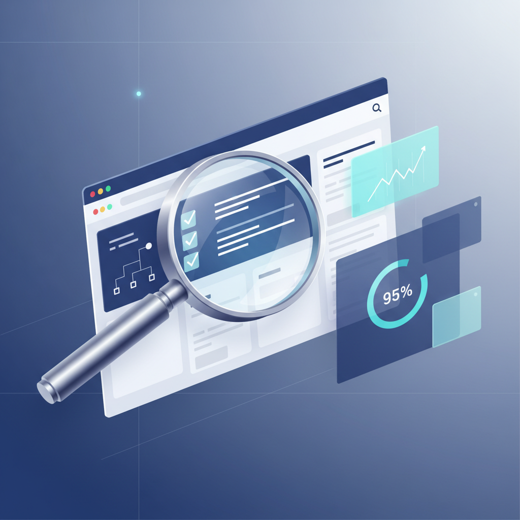 Shopify Clarity Audit diagnostic service - magnifying glass examining organized website layout for store optimization