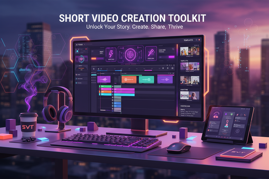 Short video creation toolkit on a modern desk with a computer, headphones, and coffee, showcasing video editing features